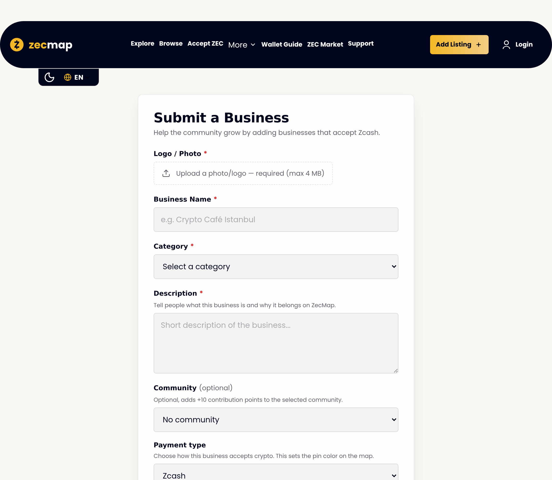 Submitting a business on ZecMap