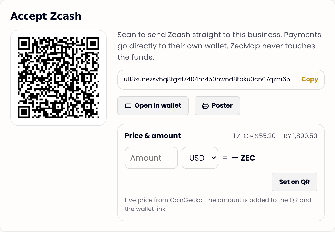 Your ZecMap page with a payment QR and converter