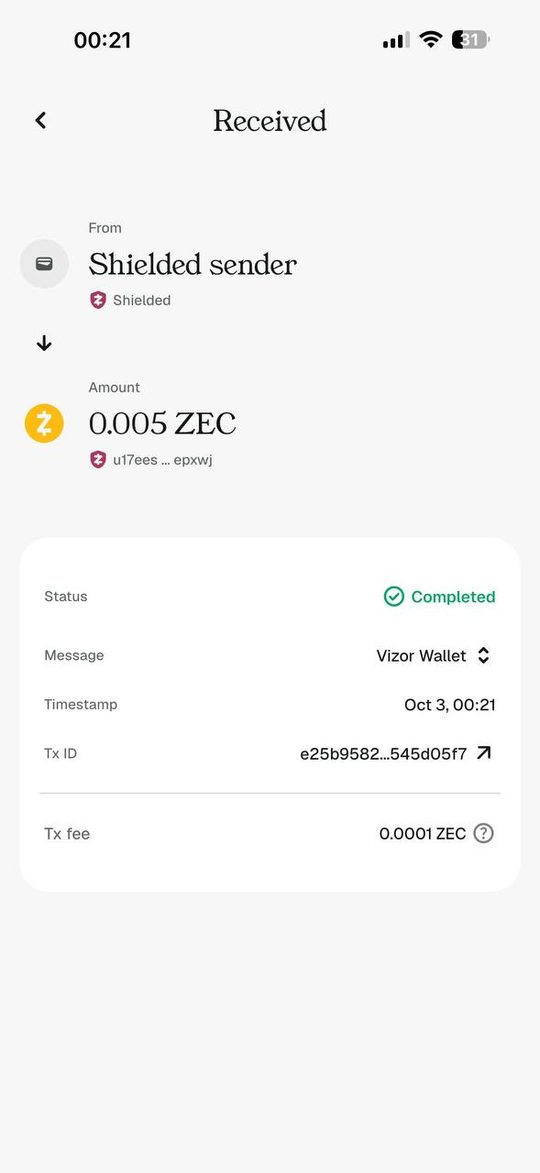 A received Zcash payment in the wallet